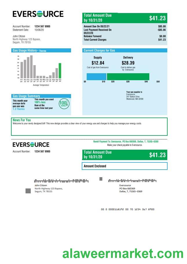 USA Eversource gas utility bill template in Word and PDF format, good for address prove